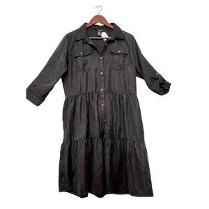 XL Black Midi Button-Up Dress Rolled Sleeves Pockets Millennium Casual Boho